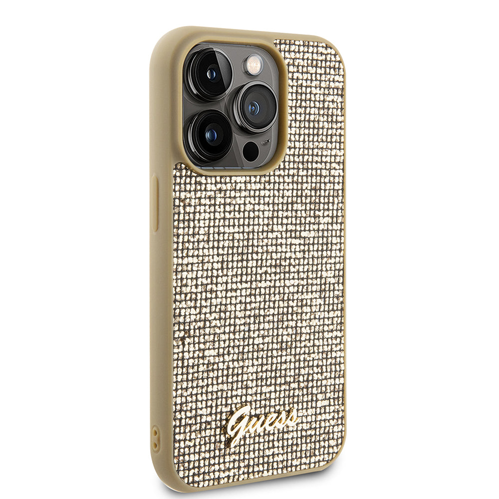 Etui na Apple iPhone 15 Pro, Guess, PU Square Mirror Script Logo, Złote GUHCP15LPMSDGSD