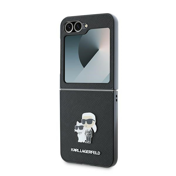 Case for Samsung Galaxy Z Flip7 FE F761 / Z Flip6 F741, Karl Lagerfeld, Saffiano Karl & Choupette Metal, Black