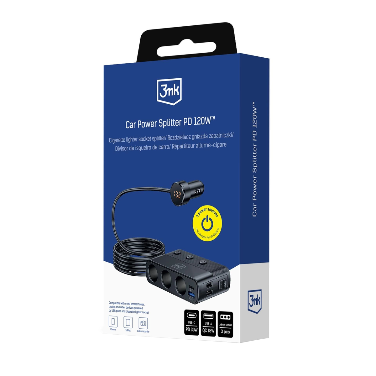 3MK Power Splitter Car Charger, 120W, 3A, 3 x USB-A - 1 x USB-C - 3 x Cigarette Lighter Extension, Black