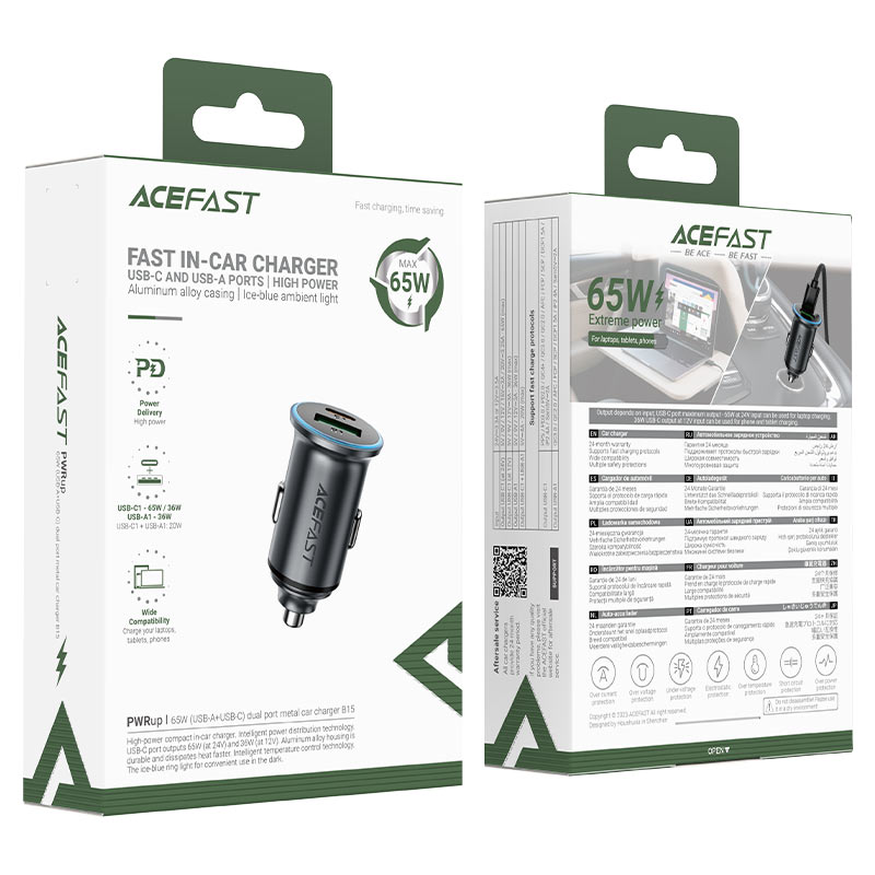 Ładowarka samochodowa Acefast B15, 65W, 3.25A, 1 x USB-A - 1 x USB-C, Szara