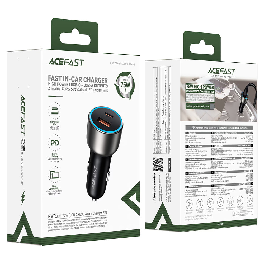 Ładowarka samochodowa Acefast B21, 75W, 3A, 1 x USB-A - 1 x USB-C, Szara