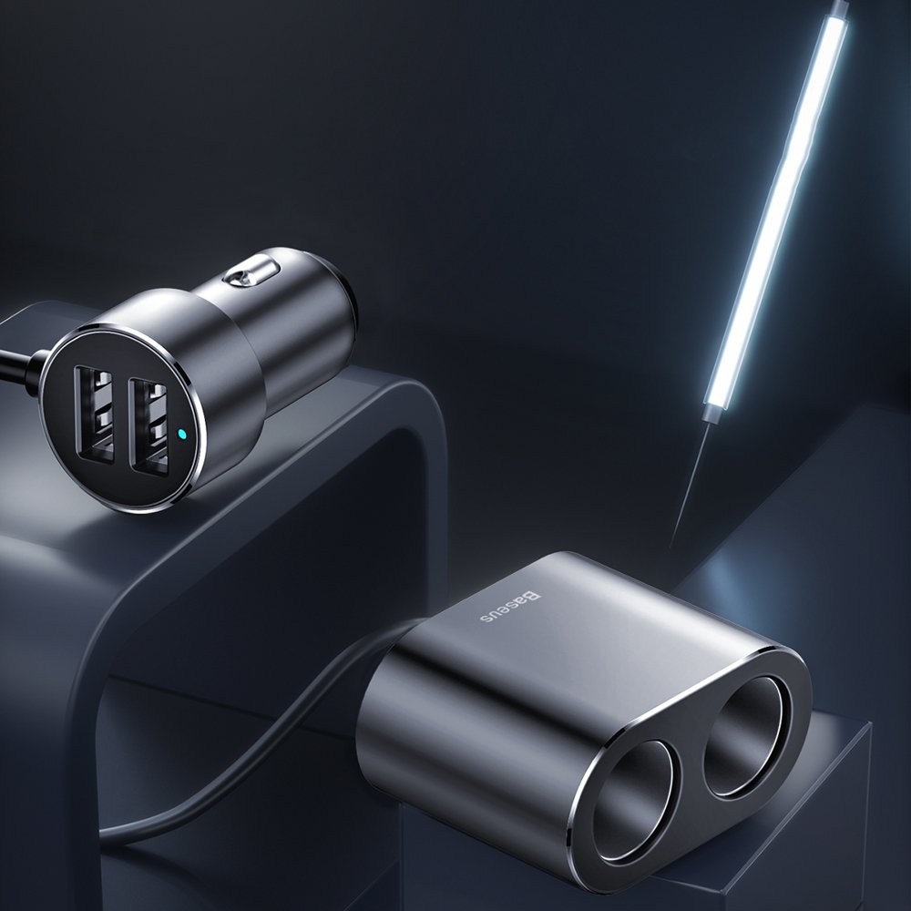 Baseus Wysokowydajna ładowarka samochodowa, 95W, 2.1A, 2 x Przedłużacz do zapalniczki - 2 x USB-A, Szary CRDYQ-01 CRDYQ-01
