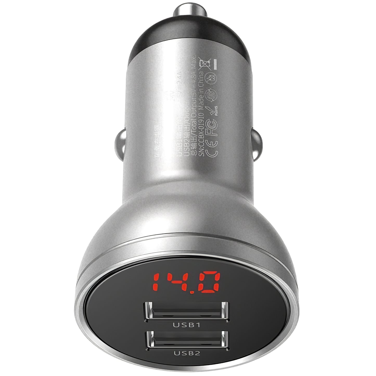 Ładowarka samochodowa Baseus z wyświetlaczem cyfrowym, 24 W, 2,4 A, 2 x USB-A, srebrna CCBX-0S