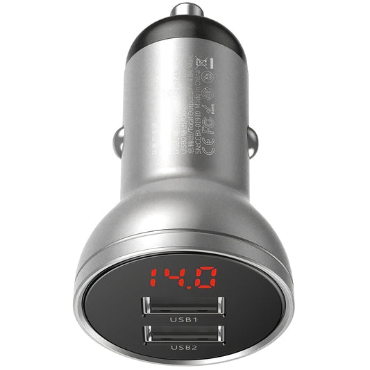 Ładowarka samochodowa Baseus z wyświetlaczem cyfrowym, 24 W, 2,4 A, 2 x USB-A, srebrna CCBX-0S