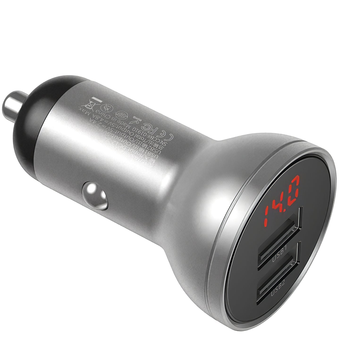 Ładowarka samochodowa Baseus z wyświetlaczem cyfrowym, 24 W, 2,4 A, 2 x USB-A, srebrna CCBX-0S