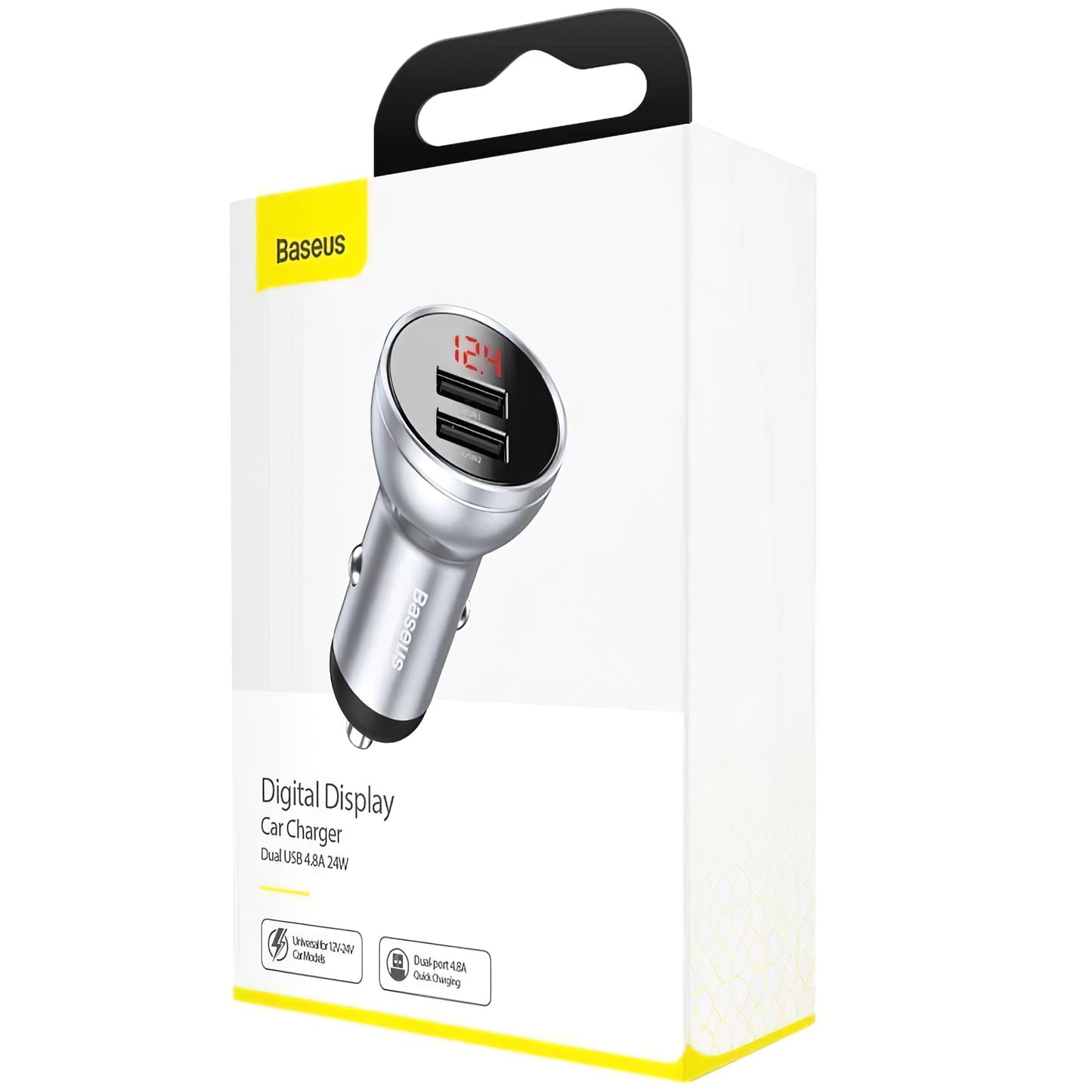 Ładowarka samochodowa Baseus z wyświetlaczem cyfrowym, 24 W, 2,4 A, 2 x USB-A, srebrna CCBX-0S