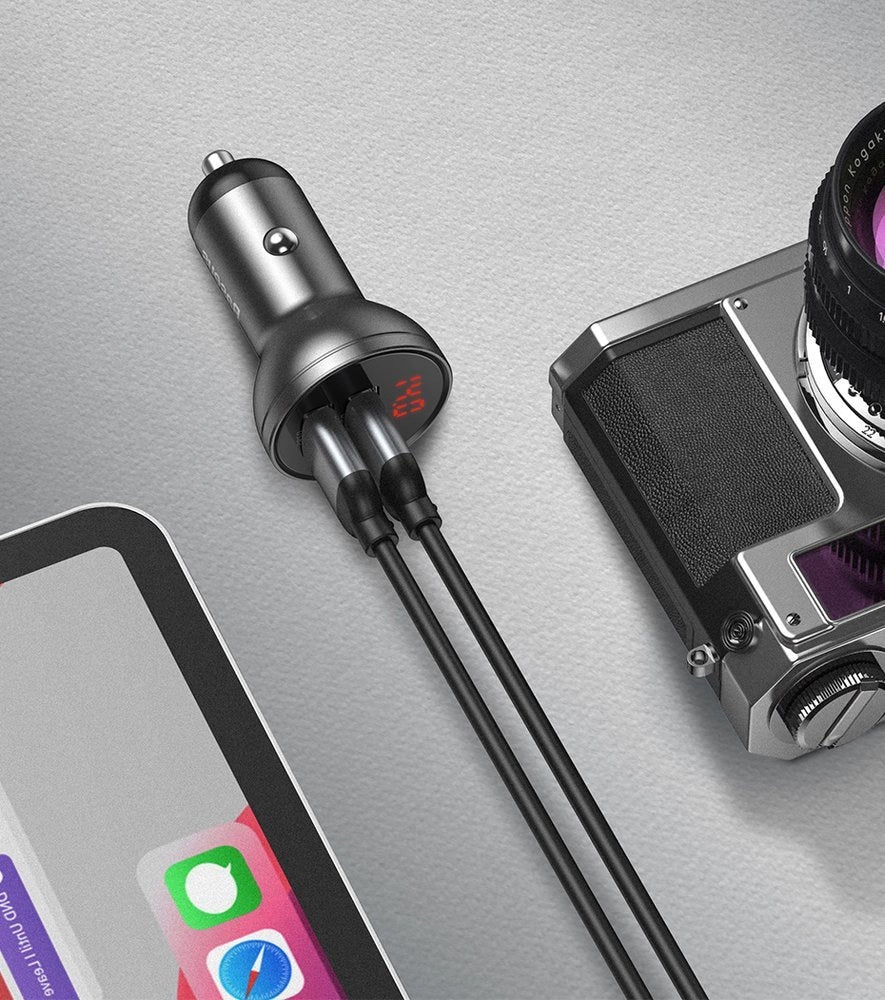 Ładowarka samochodowa Baseus z wyświetlaczem cyfrowym, 24 W, 2,4 A, 2 x USB-A, srebrna CCBX-0S