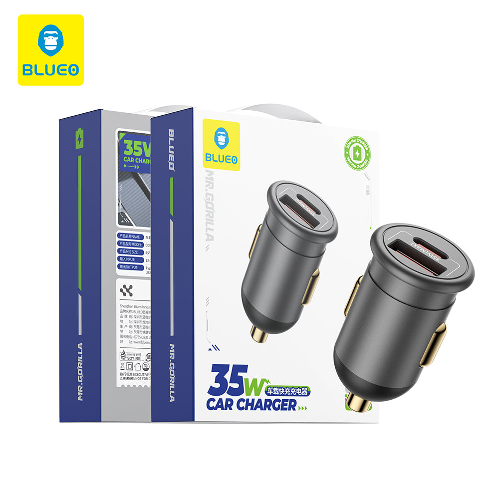 Blueo Car Charger, 35W, 3A, 1 x USB-A - 1 x USB-C, Grey