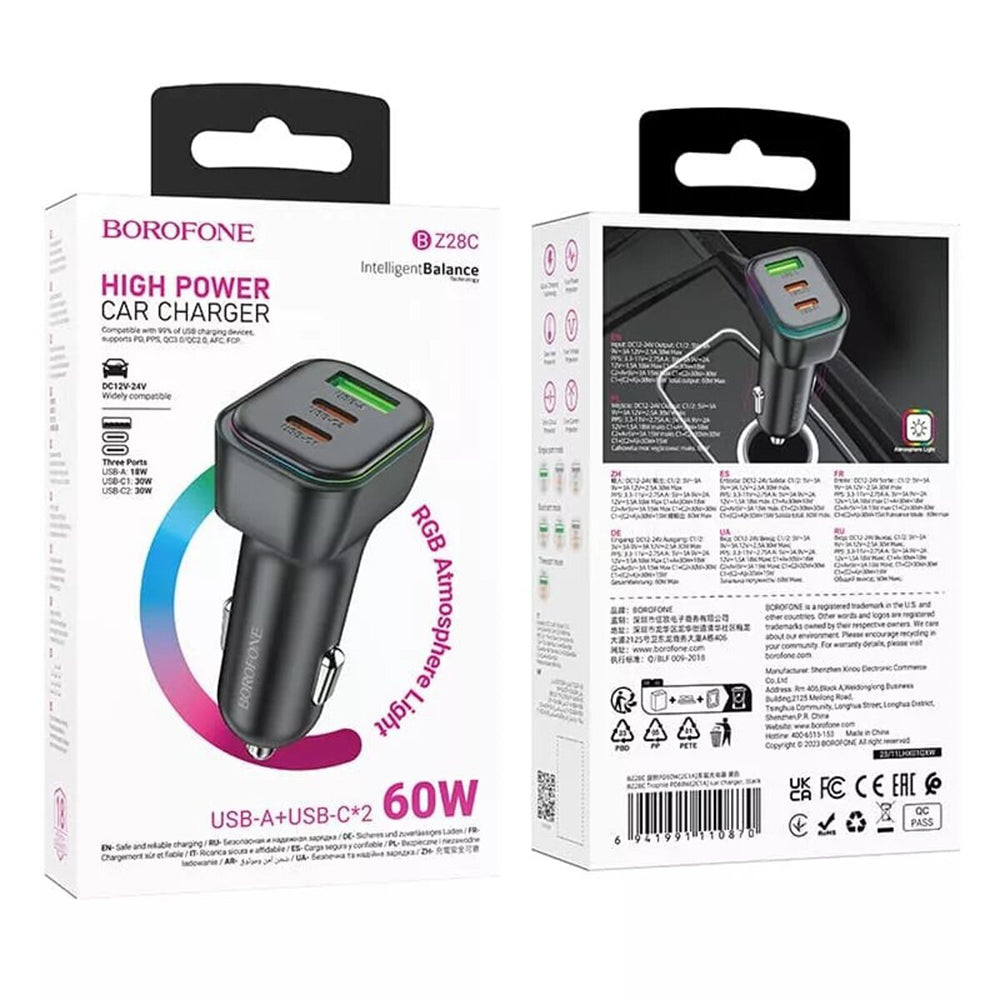 Ładowarka samochodowa Borofone BZ28C Trophie, 60W, 3A, 1 x USB-A, 2 x USB-C, Czarna