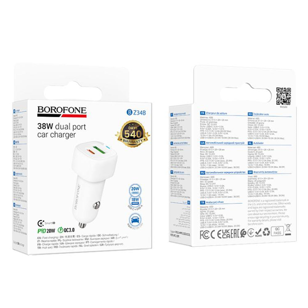 Ładowarka samochodowa Borofone BZ34B Cloud, 20W, 3A, 1 x USB-A - 1 x USB-C, Biała