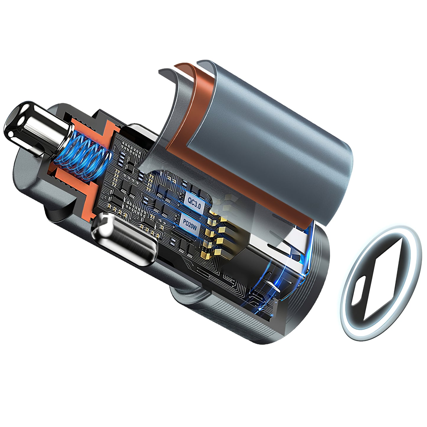 Ładowarka samochodowa BWOO BO-CC73, 38W, 3A, 1 x USB-A - 1 x USB-C, srebrna