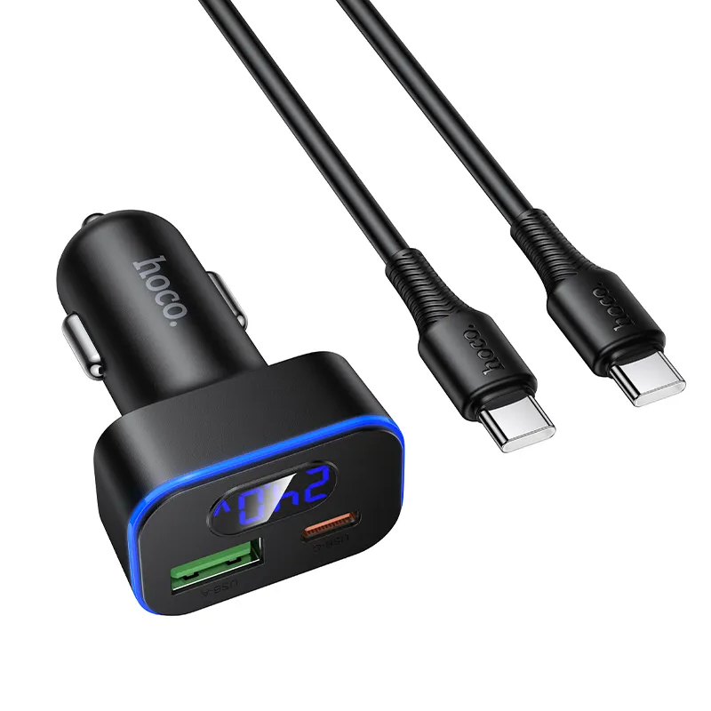 Ładowarka samochodowa z kablem USB-C HOCO Z63B Display, 48W, 3A, 1 x USB-A - 1 x USB-C, Czarna