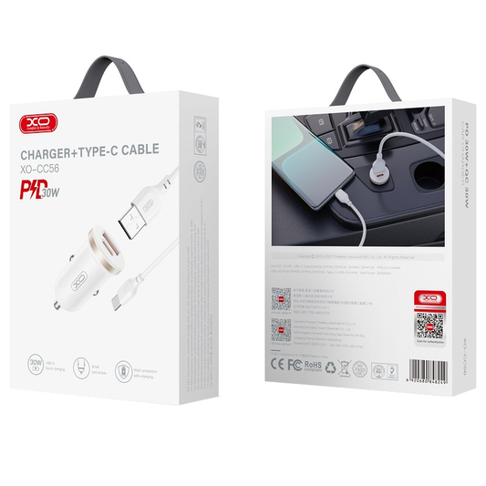 Ładowarka samochodowa z kablem USB-C XO Design CC56, 30W, 3A, 1 x USB-A - 1 x USB-C, Biała