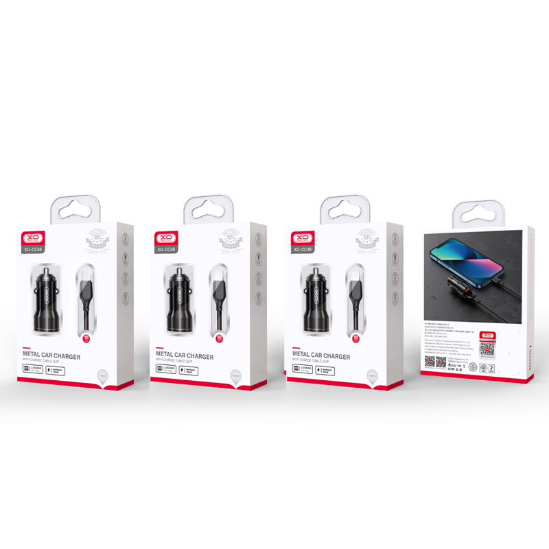 Ładowarka samochodowa z kablem USB-C XO Design CC48, 12W, 2.4A, 2 x USB-A, Szara