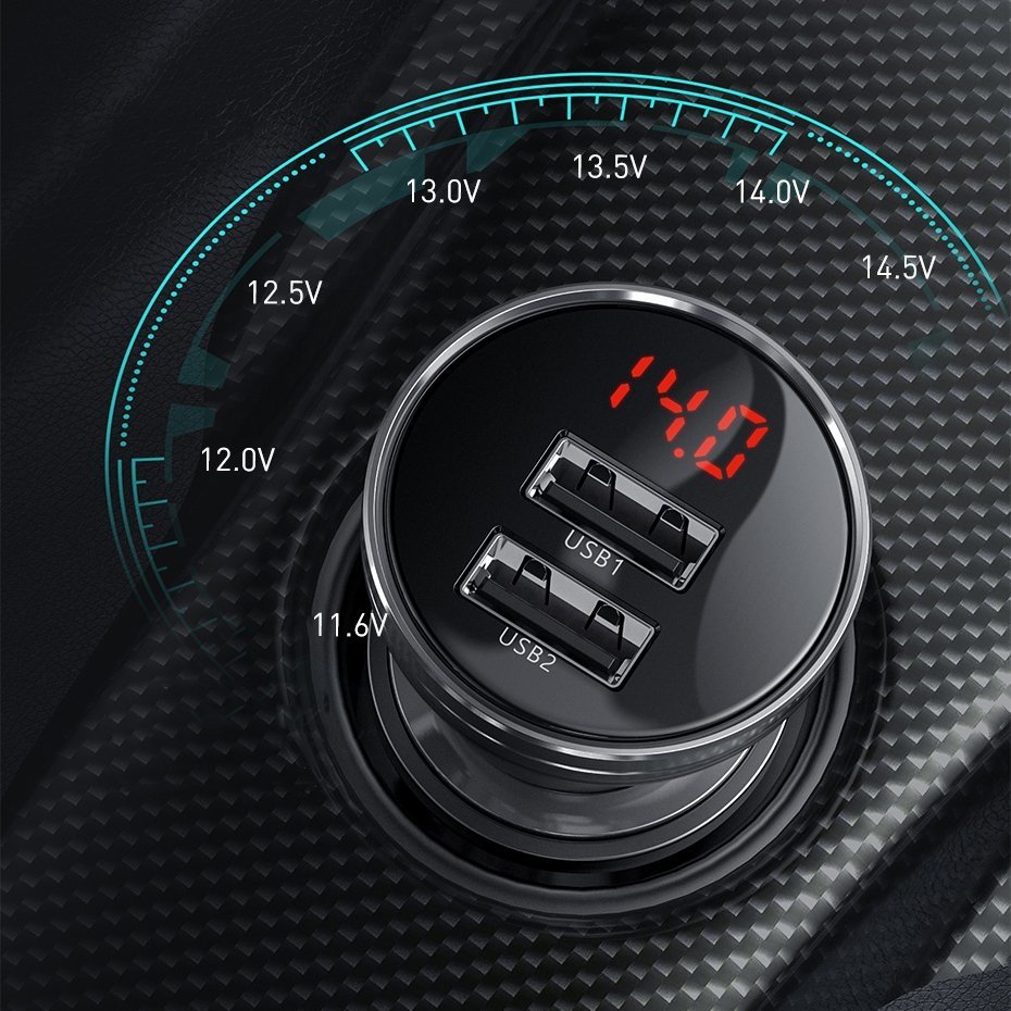 Ładowarka samochodowa z kablem Lightning - microUSB - USB-C Baseus z wyświetlaczem cyfrowym, 24 W, 2,4 A, 2 x USB-A, szara TZCCBX-0G