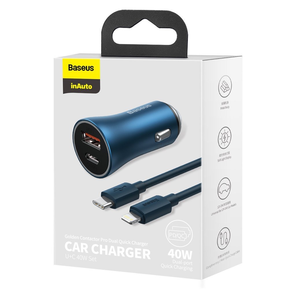 Car Charger with Lightning Cable Baseus Golden Contactor, 40W, 3A, 1 x USB-A - 1 x USB-C, Blue TZCCJD-03