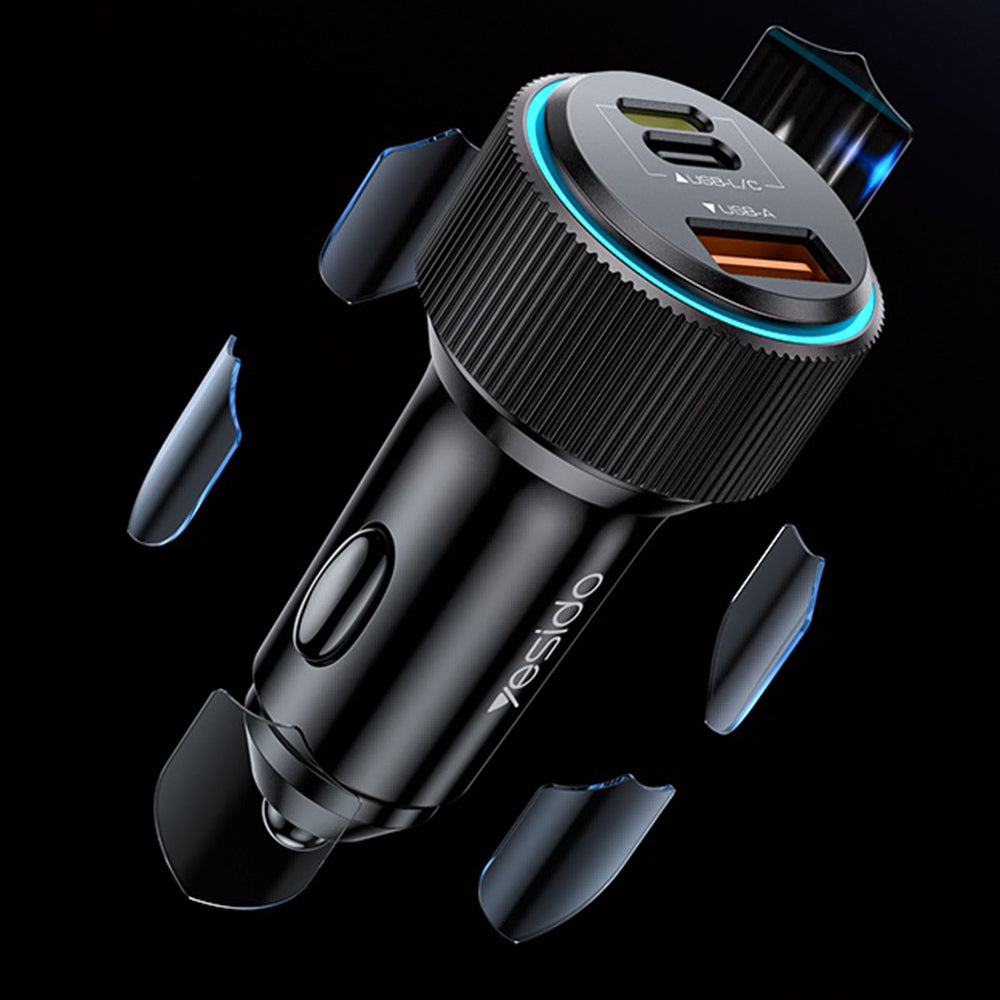 Ładowarka samochodowa z kablem Lightning Yesido Y60, 38W, 3A, 1 x USB-A - 2 x USB-C, Czarna