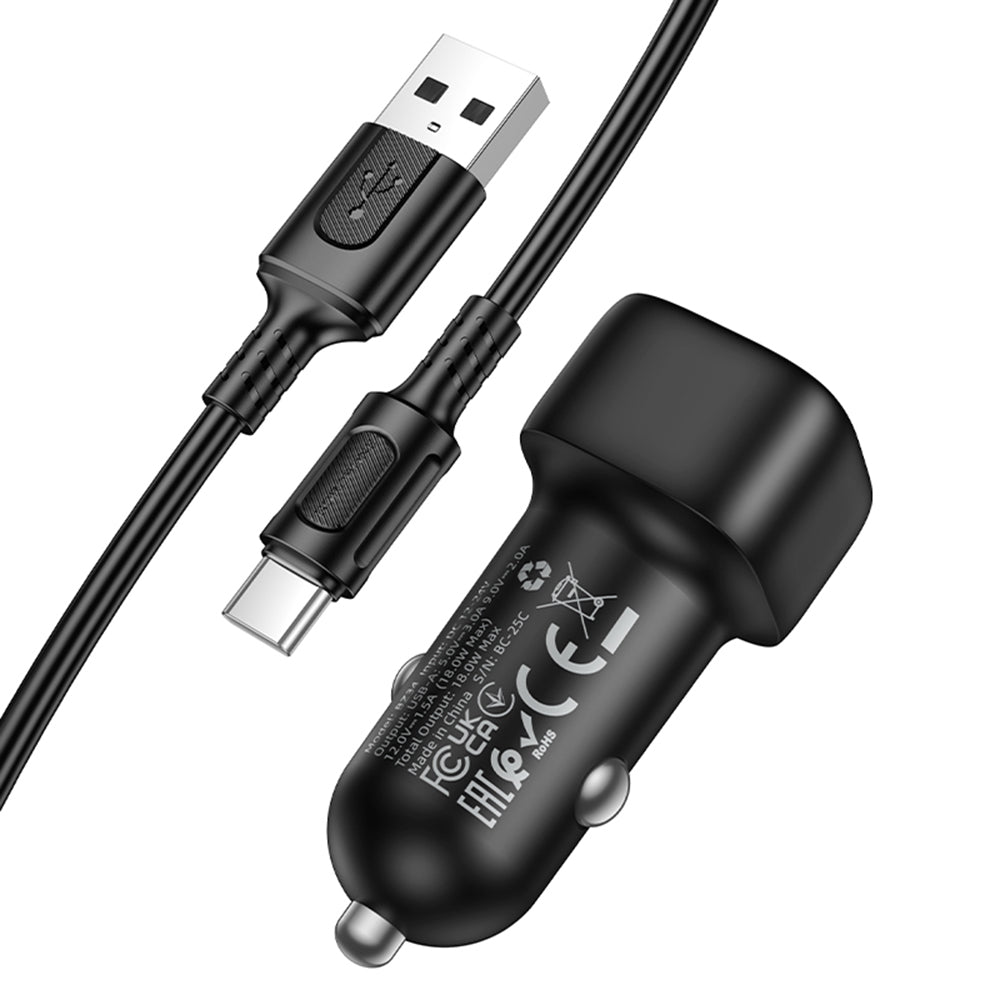 Ładowarka samochodowa z kablem USB-C Borofone BZ34 Cloud, 18W, 3A, 1 x USB-A, Czarna