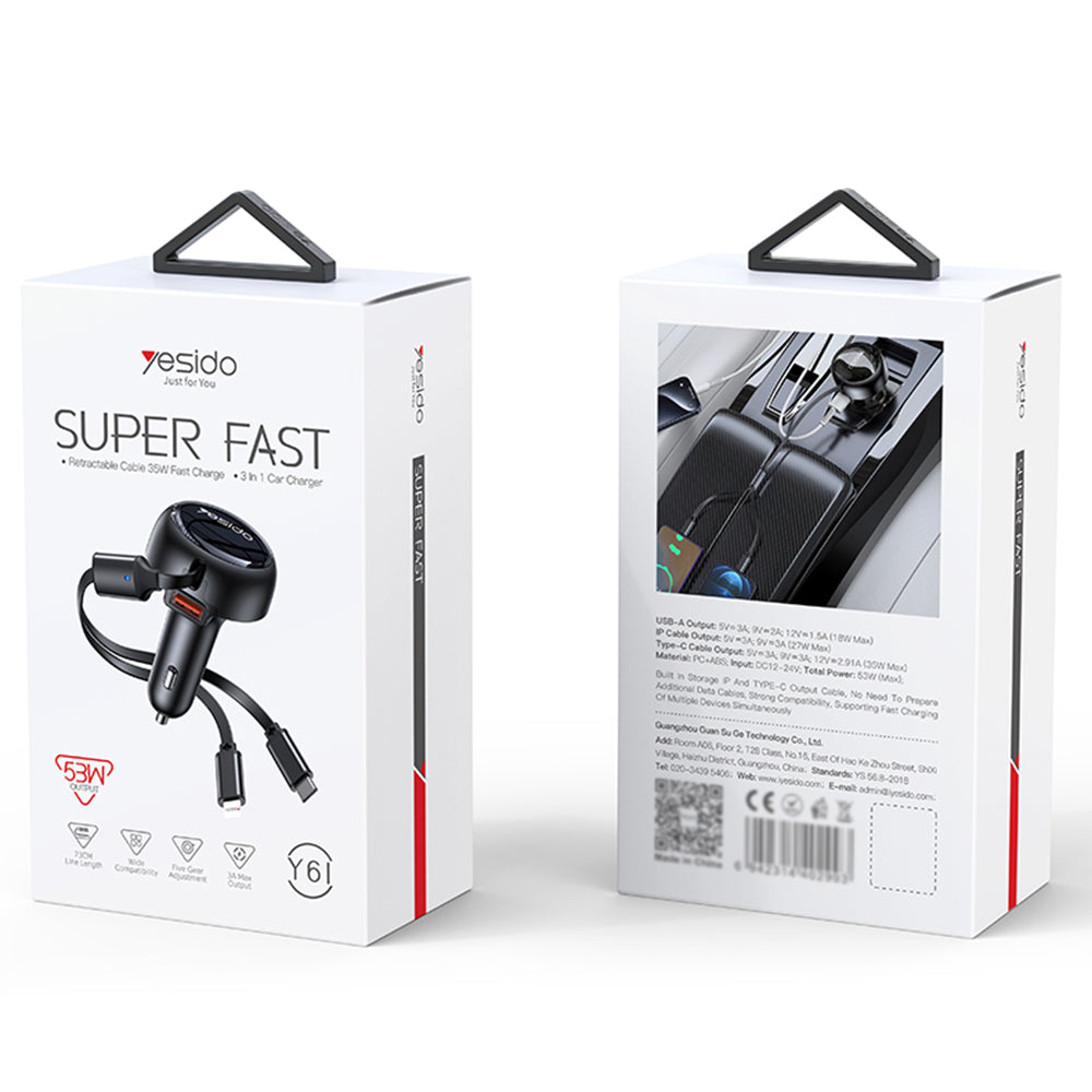 Ładowarka samochodowa z kablem USB-C / Lightning Yesido Y61, 53W, 3A, 1 x USB-A, Czarna