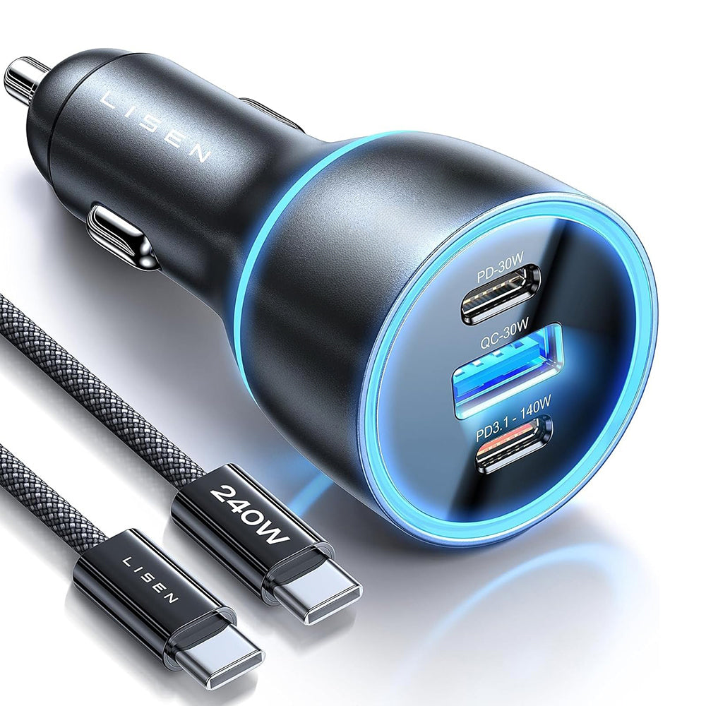 Lisen Car Charger with USB-C Cable, 170W, 5A, 1 x USB-A - 2 x USB-C, Black YL0225060006