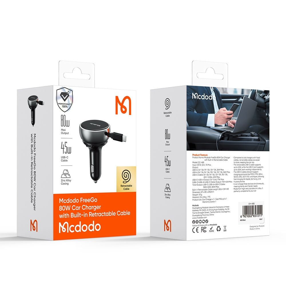 Ładowarka samochodowa z kablem USB-C McDodo CC-4850, 80W, 3A, 1 x USB-A - 1 x USB-C, Czarna