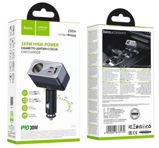 Ładowarka samochodowa HOCO Z65A, 165W, 3A, 1 x Rozgałęźnik zapalniczki - 1 x USB-A - 2 x USB-C, Czarny