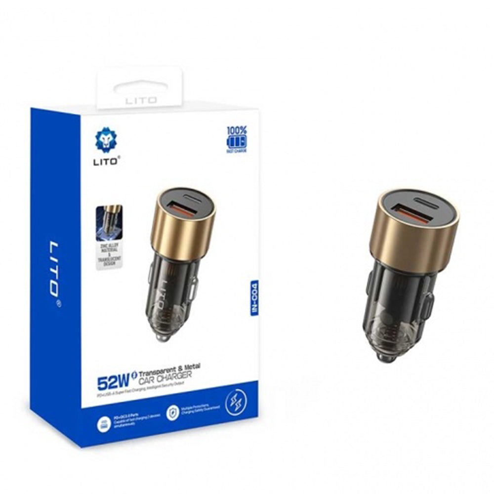 Ładowarka samochodowa Lito IN-C04, 52W, 3A, 1 x USB-A - 1 x USB-C, Czarna