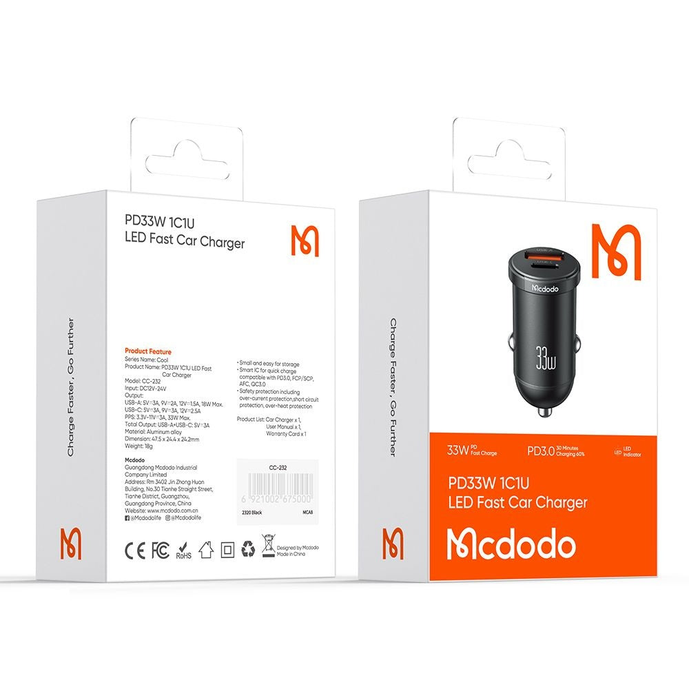 Ładowarka samochodowa McDodo CC-2320 Cool, 33W, 3A, 1 x USB-A - 1 x USB-C, Czarna