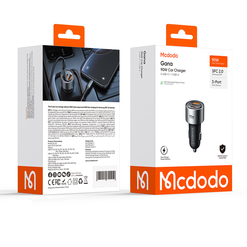 Ładowarka samochodowa McDodo CC-3110 Gana, 90W, 3A, 1 x USB-A - 2 x USB-C, czarna