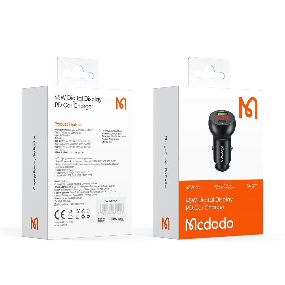 Ładowarka samochodowa McDodo CC-7030 Display, 45W, 5A, 1 x USB-A - 1 x USB-C, Czarna