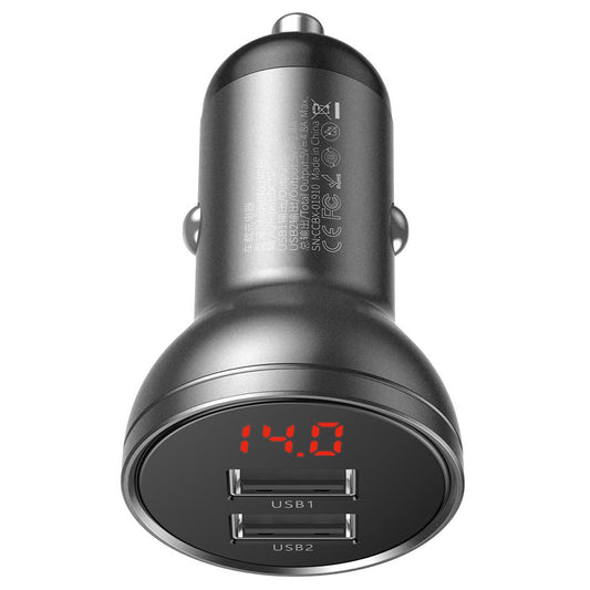 Ładowarka samochodowa Baseus z wyświetlaczem cyfrowym, 24 W, 2,4 A, 2 x USB-A, szara CCBX-0G