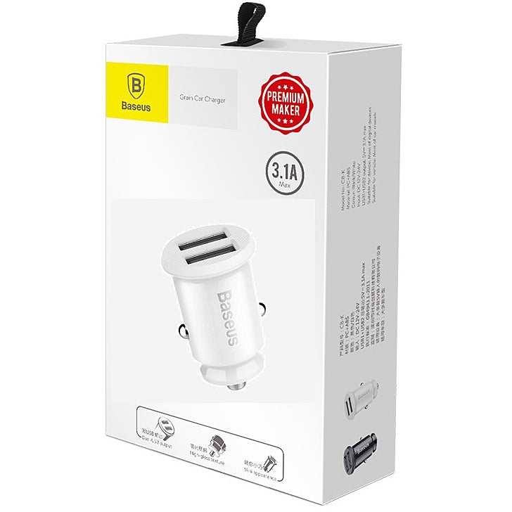 Car Charger Baseus Grain, 10.5W, 2.1A, 2 x USB-A, White CCALL-ML02