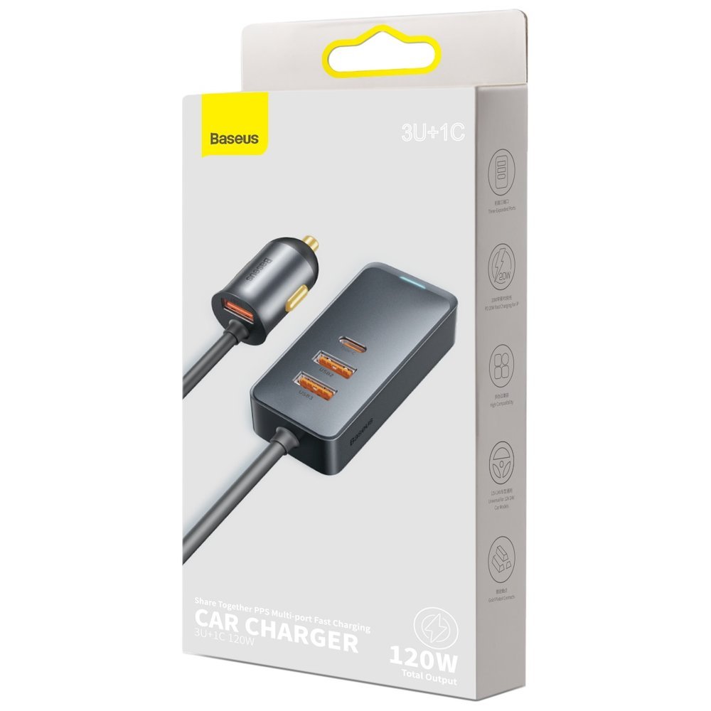 Ładowarka samochodowa Baseus Share Together, 120W, 3A, 3 x USB-A - 1 x USB-C, Szara CCBT-B0G