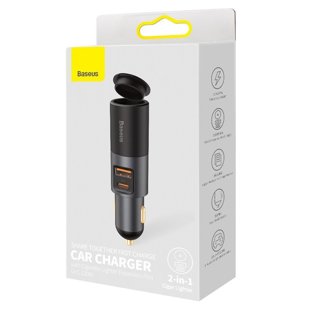 Ładowarka samochodowa Baseus Share Together, 120W, 3A, 1 x USB-A - 1 x USB-C - 1 x Przedłużacz zapalniczki, Szary CCBT-C0G