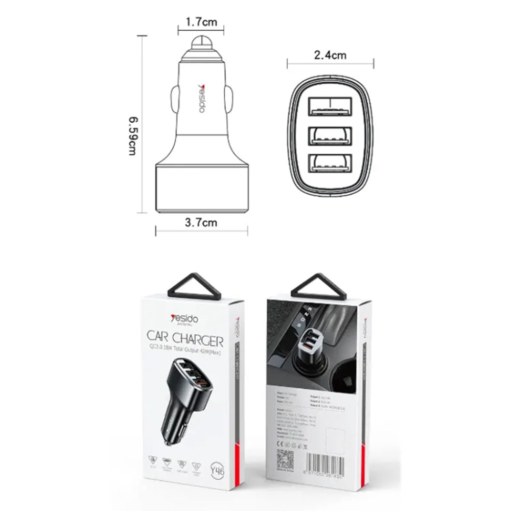 Ładowarka samochodowa Yesido Y46, 42W, 3A, 3 x USB-A, Czarna
