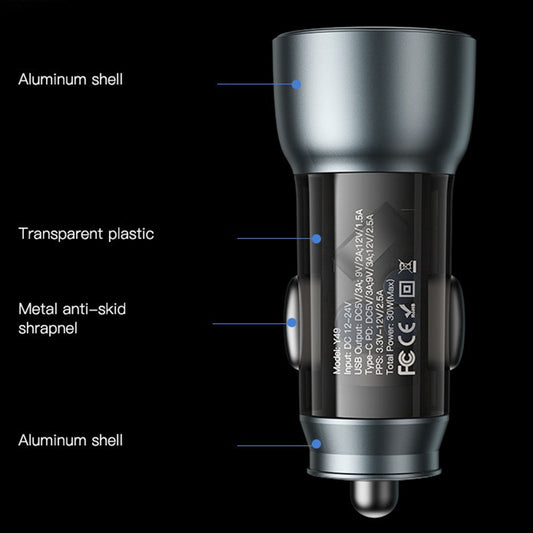 Ładowarka samochodowa Yesido Y49, 30W, 3A, 1 x USB-A - 1 x USB-C, Szara