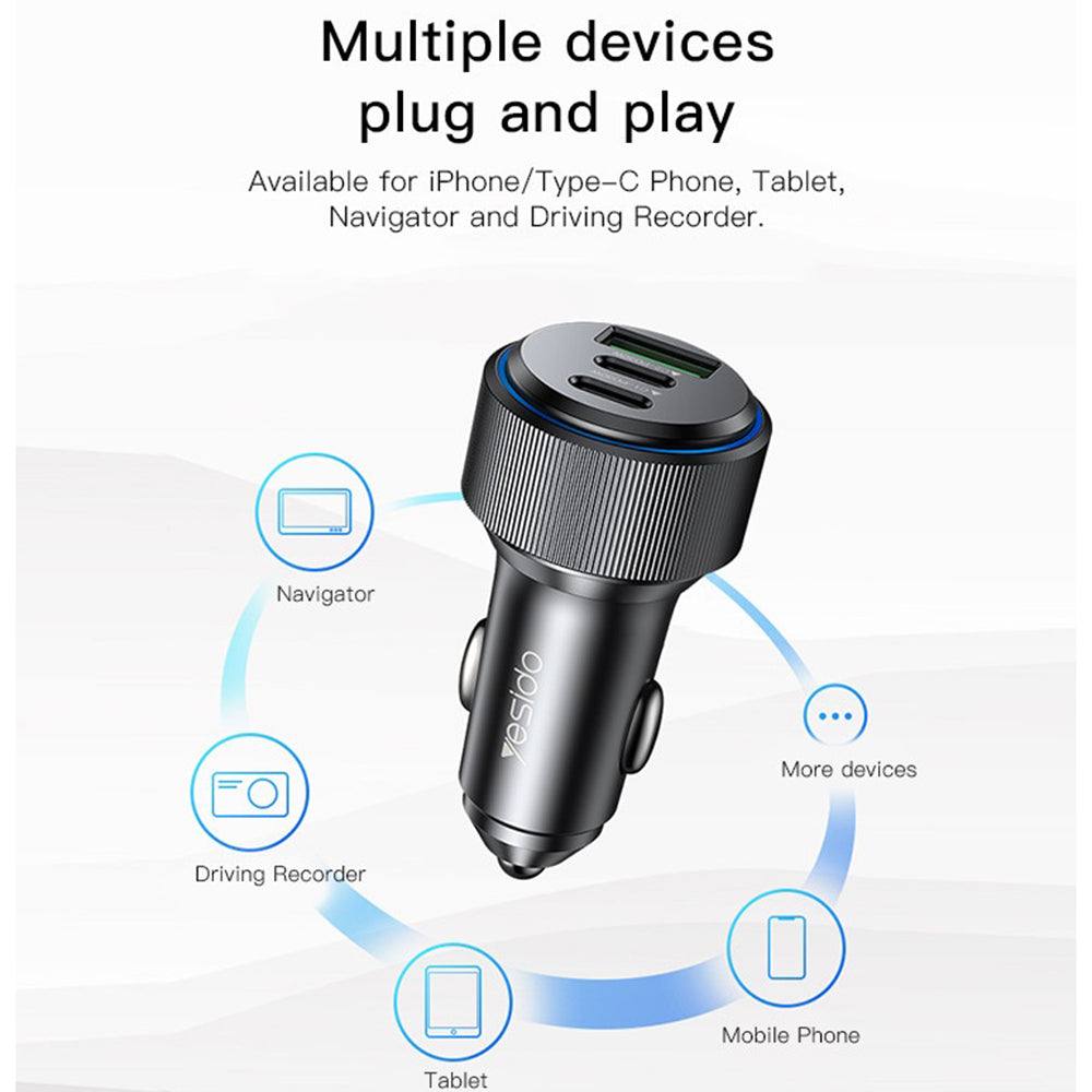 Ładowarka samochodowa Yesido Y50, 60W, 3A, 1 x USB-A - 2 x USB-C, Czarna
