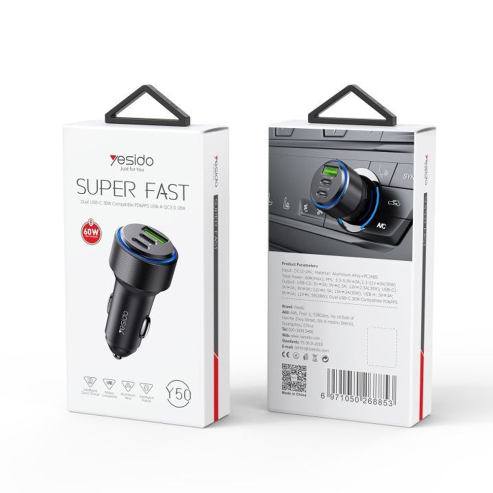 Ładowarka samochodowa Yesido Y50, 60W, 3A, 1 x USB-A - 2 x USB-C, Czarna