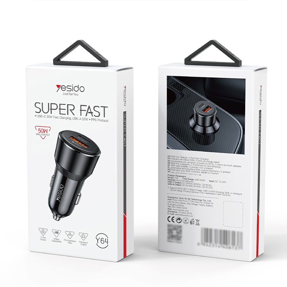 Ładowarka samochodowa Yesido Y64, 50W, 3A, 1 x USB-A - 1 x USB-C, Czarny
