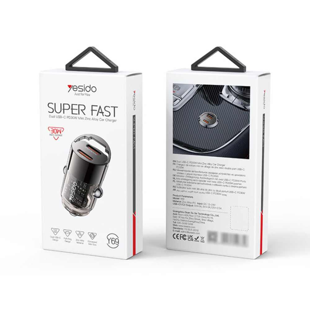 Ładowarka samochodowa Yesido Y69, 30W, 3A, 2 x USB-C, Czarna
