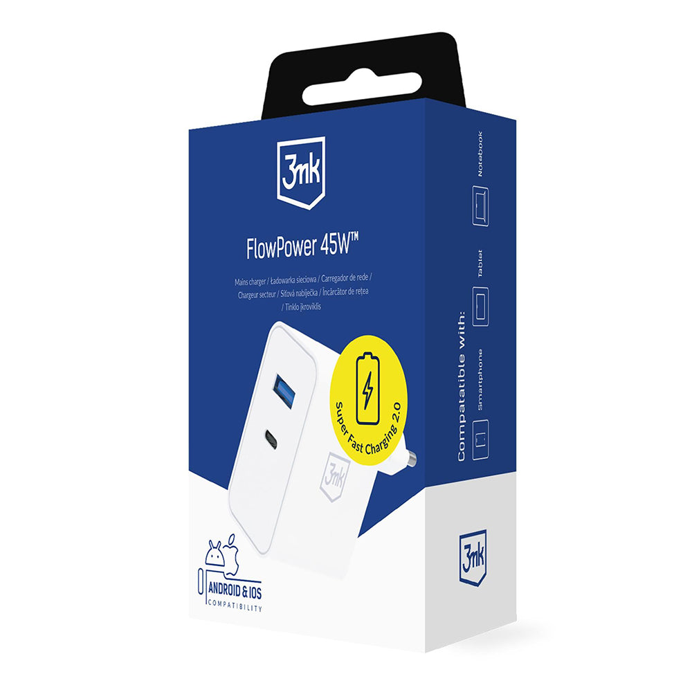 Ładowarka sieciowa 3MK FlowPower, 45W, 1 x USB-A - 1 x USB-C, Biała