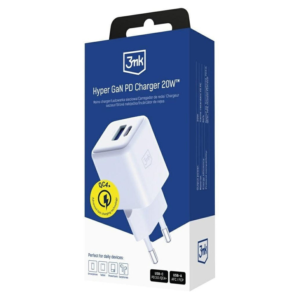 Ładowarka sieciowa 3MK Hyper, 20W, 3A, 1 x USB-A - 1 x USB-C, Biała