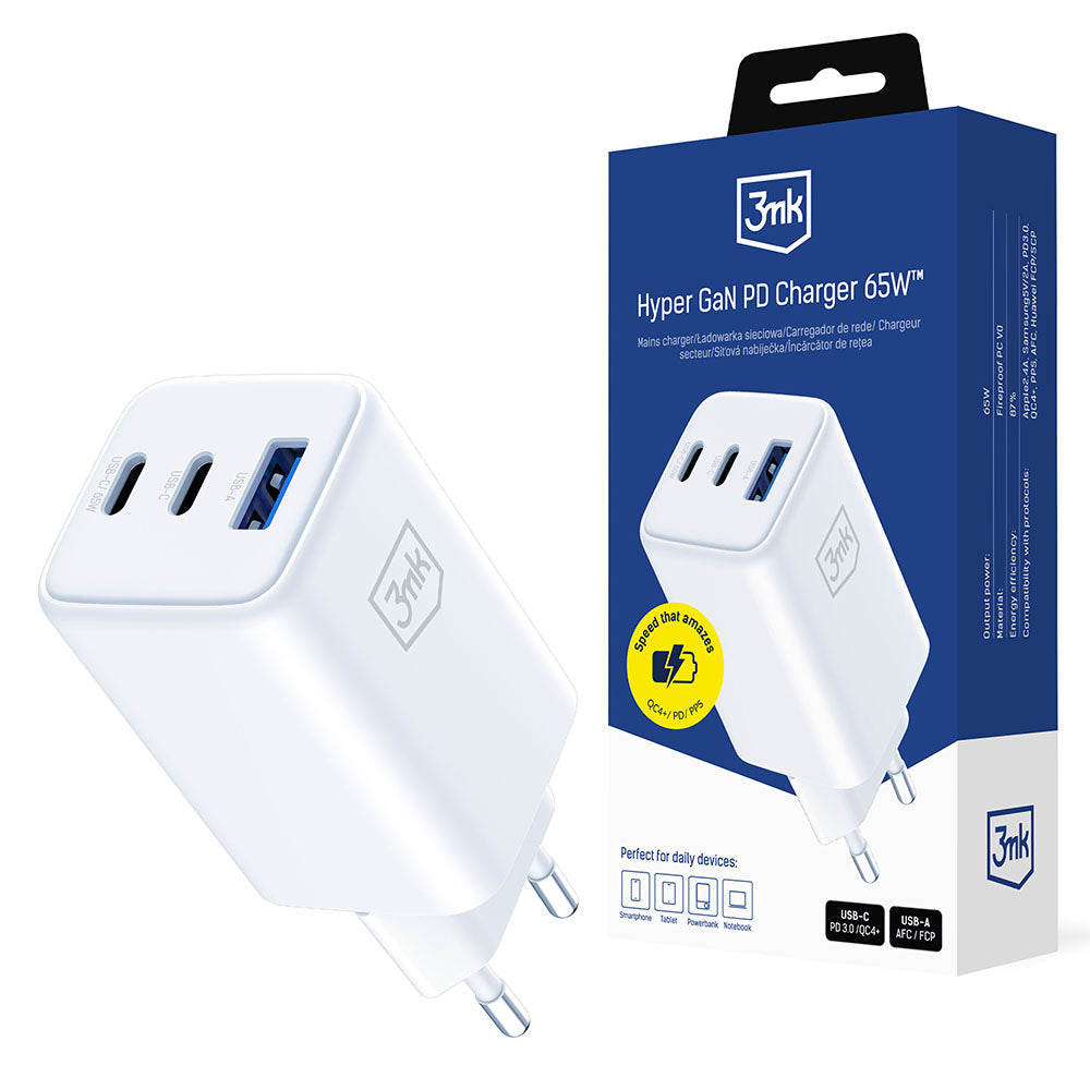 Ładowarka sieciowa 3MK Hyper, 65W, 3.25A, 1 x USB-A - 2 x USB-C, Biała