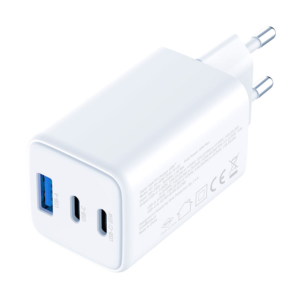 Ładowarka sieciowa 3MK Hyper, 65W, 3.25A, 1 x USB-A - 2 x USB-C, Biała