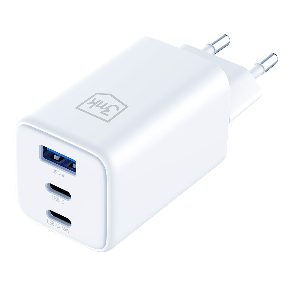 Ładowarka sieciowa 3MK Hyper, 65W, 3.25A, 1 x USB-A - 2 x USB-C, Biała