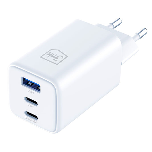 Ładowarka sieciowa 3MK Hyper, 65W, 3.25A, 1 x USB-A - 2 x USB-C, Biała