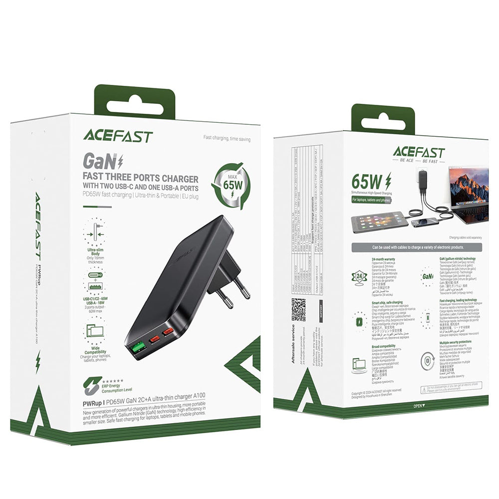 Ładowarka sieciowa Acefast A100, 65W, 3.25A, 1 x USB-A - 2 x USB-C, Czarny