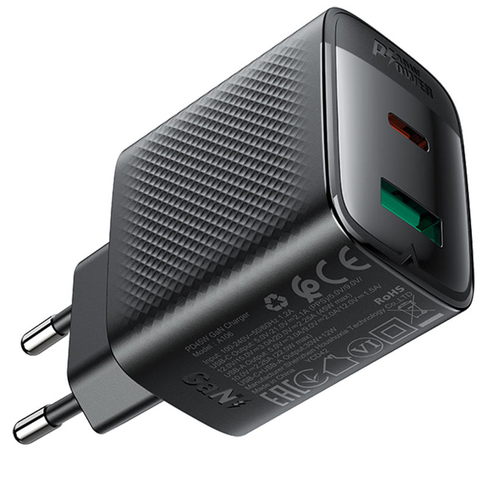 Ładowarka sieciowa Acefast A106, 45W, 3A, 1 x USB-A - 1 x USB-C, Czarny