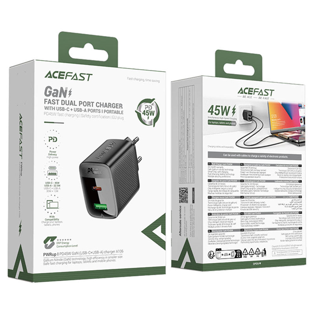 Ładowarka sieciowa Acefast A106, 45W, 3A, 1 x USB-A - 1 x USB-C, Czarny