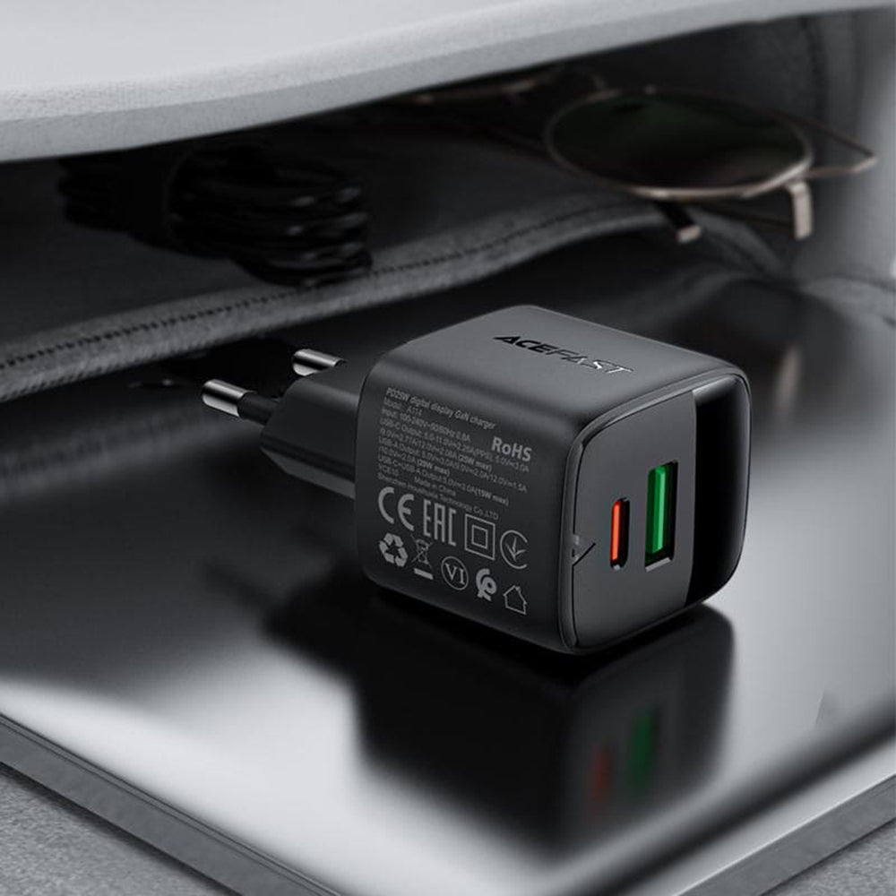 Ładowarka sieciowa Acefast A114 Display, 25W, 3A, 1 x USB-A - 1 x USB-C, Czarny